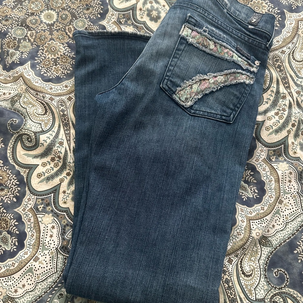 7 For All Mankind Bootcut Jeans in Dark Blue with Floral Pocket Trim